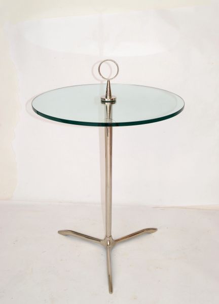 Cesare Lacca Style Stainless Steel & Round Glass Tripod Side Table Italy 1950