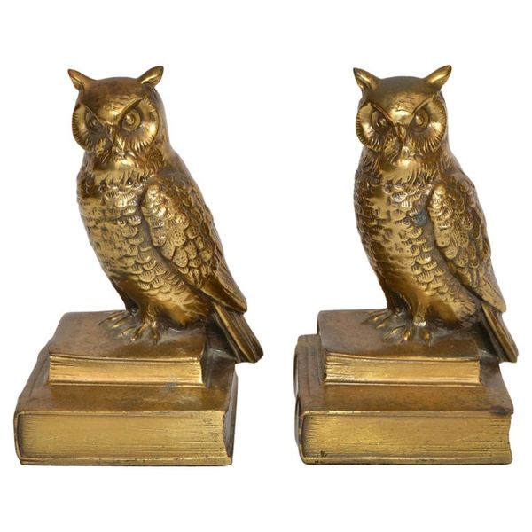 1970 Vintage Cast Bronze Owl Figurine Sculpture Bookends Mid-Century Modern Pair