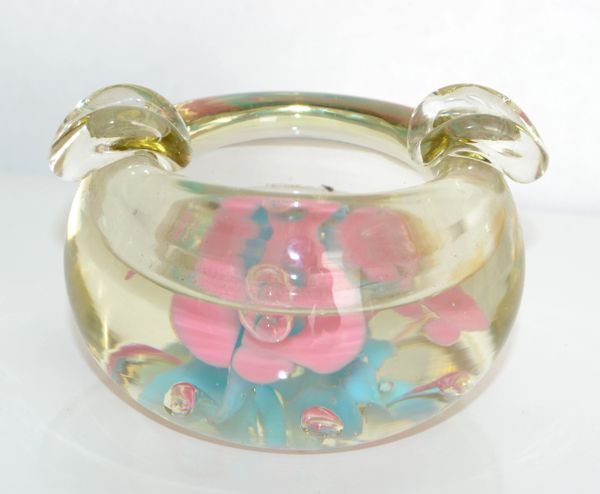 Murano Triple Cased Flower Pink & Baby Blue Glass Bowl Italy Mid-Century 1960s