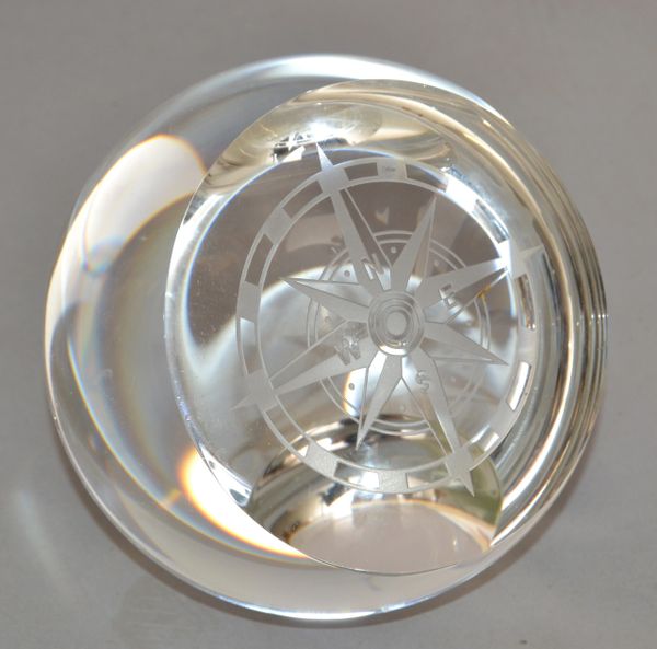 Round Murano Style Clear Glass Etched Compass Paperweight Magnifying Glass 1970