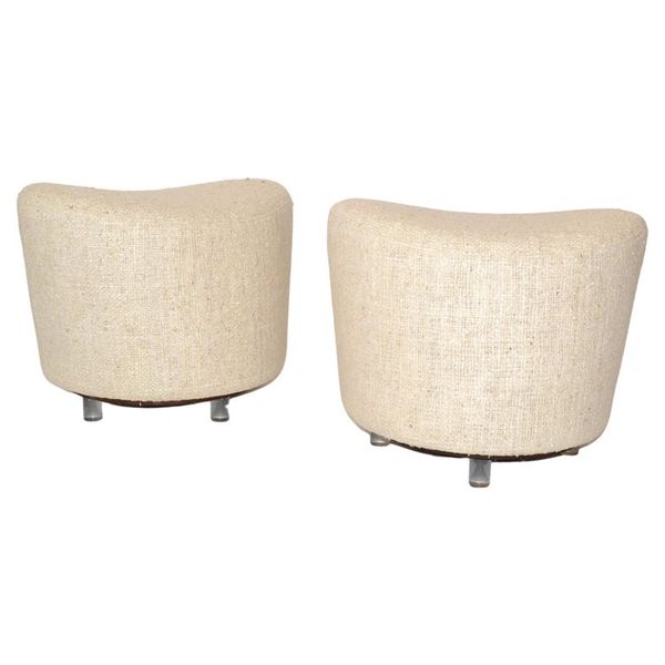 Pair, Oval Wool Bouclé Basketweave Upholstery Swivel Ottoman Mid-Century Modern