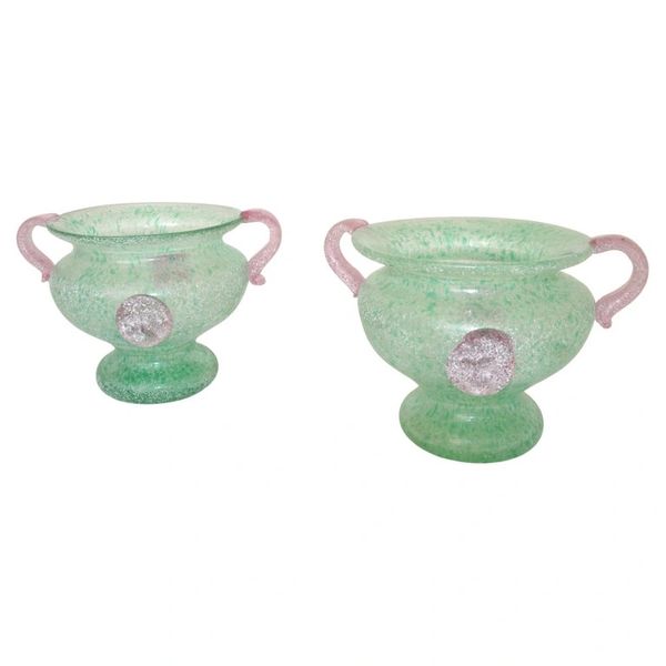 2 Italian Frosted Pink & Mint Green Scavo Glass Bowls Vases Vessel Italy 1980
