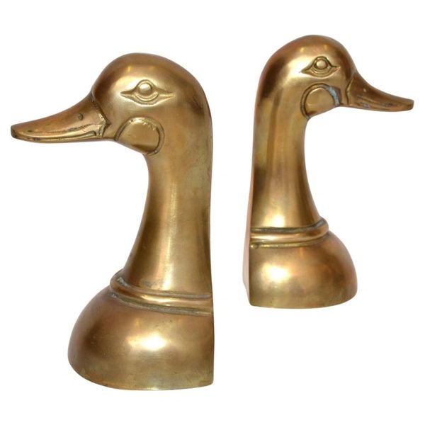 Pair 1950s Patinated Cast Brass Duck Mallard Head Bookends Mid-Century Modern