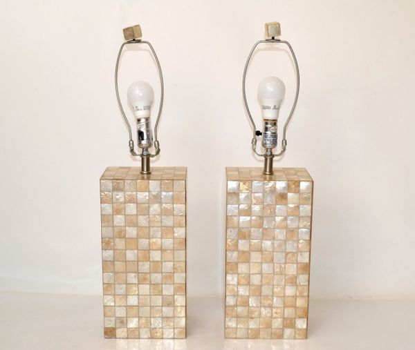 Pair, Mid-Century Modern Capiz Shell Over Wood Square Table Lamps