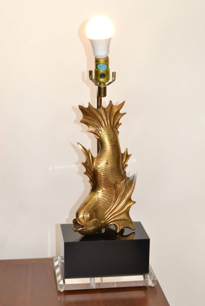 Asian Modern Japanese Brass Dragon Cast Koi Fish Sculptural Table Lamp on Lucite