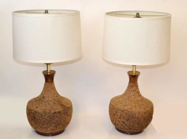 Set, Scandinavian Modern 1960s Cork and Teak Table Lamps Walter Von Nessen Style