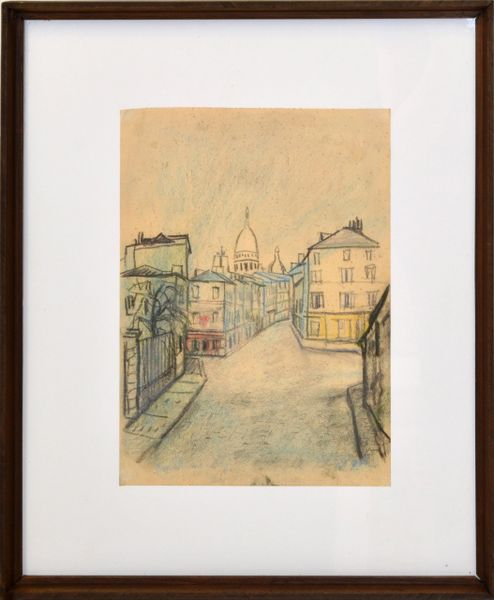 Cityscape Painting Pencil on Board Framed France Mid-Century Modern 70s