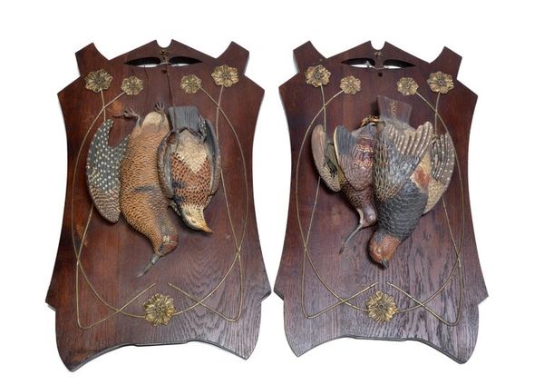 Two Antique Black Forest Terracotta Pheasant Birds Wall Plaque Fine Art Oak Wood