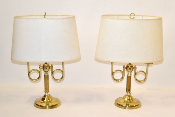 Pair French Alsy Vintage Solid Brass 2 Arm Trumpet Horn Bouillotte Lamp Shades
