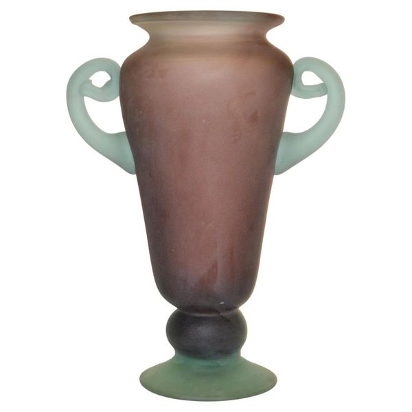 1980 Murano Italy Purple & Mint Green Scavo Glass Vase Vessel Baby Blue Handles