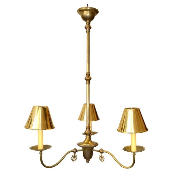 French Neoclassical 3 Arm Pendant Light Chandelier With Brass Clip-On Shades 50s