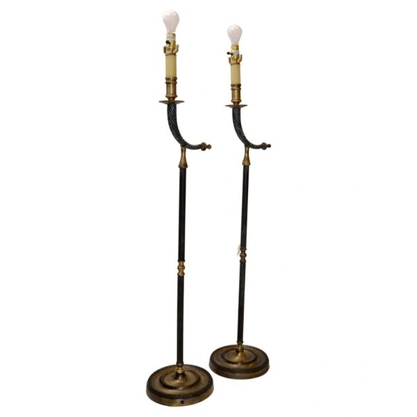 Pair of 20th Century Hollywood Regency Cast Bronze & Brass Horn Floor Lamps
