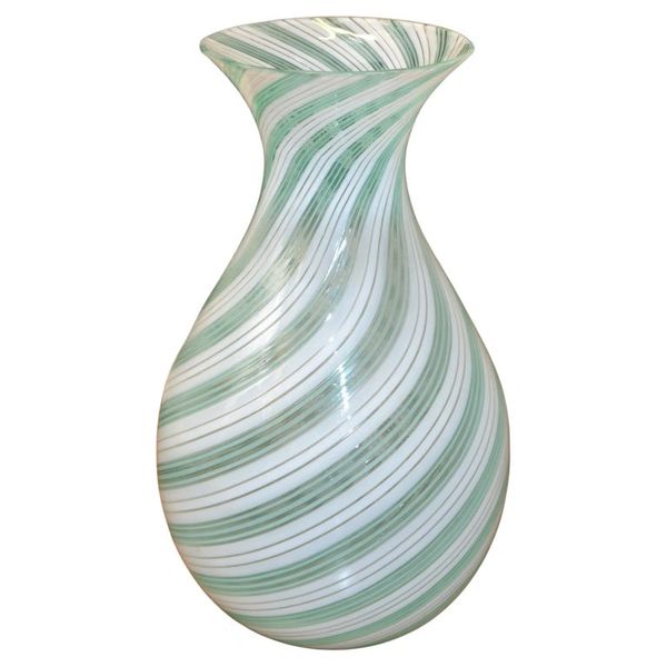 Venini Mid-Century Modern Blown Murano Glass Vase White Mint Green Swirl Italy