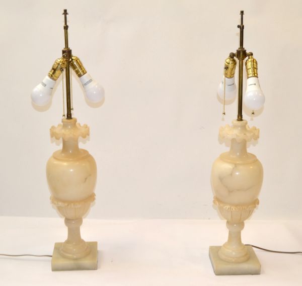 Pair Art Deco Hand-Carved Alabaster Urn Shape Table Lamps Brass Double Sockets