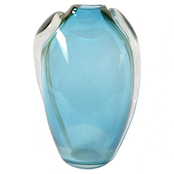Vitrix Studio Blown Light Blue & Gold Art Glass Vase Thomas Buechner Op Art 80s