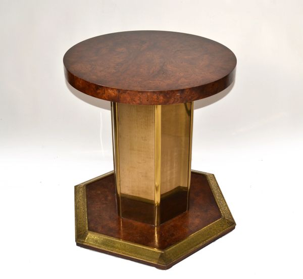 Round Henredon Brass Mirrored Glass & Burl Wood Pedestal Dining / Center Table