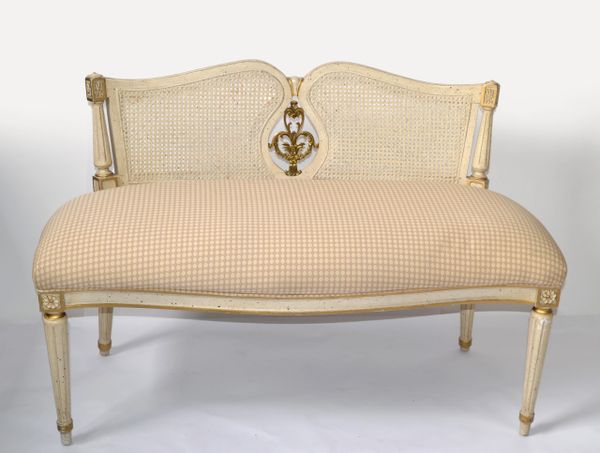 Louis XVI Bench Hand Carved Gilt Hardwood Woven Caning Brass Taupe Brown Fabric