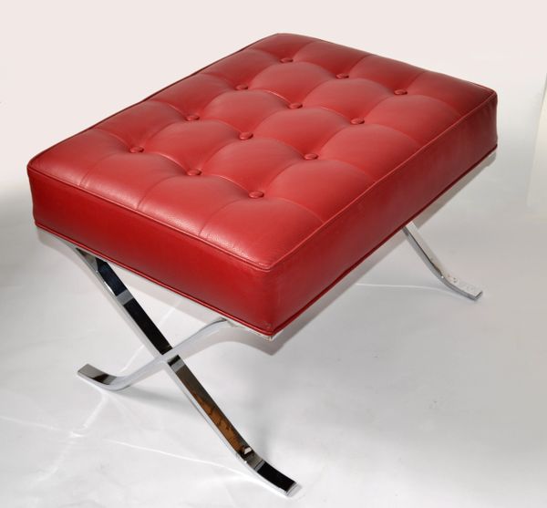 Mies Van Der Rohe Style Barcelona Chromed Steel Red Vinyl Ottoman Footstool 1980