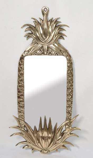 1970s Brass Hand-Carved Pineapple Shaped Rectangle Wall Mirror Art Deco Style