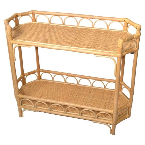Boho Chic 2 Tier Bent Bamboo & Cane Handwoven Top Kitchen Dry Bar Console Table