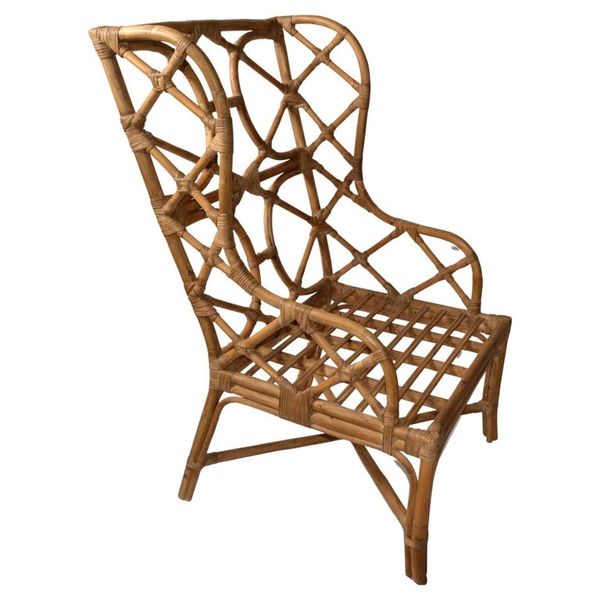 Bohemian Bend Bamboo Cane Oversized Wingback Lounge Chair Cross Stretchers Base