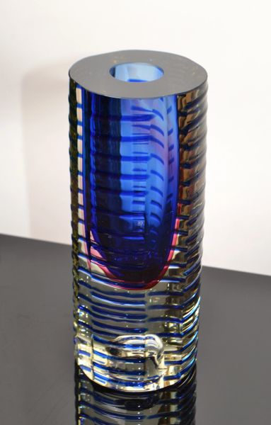 Flavio Poli Sommerso Murano Ribbed Glass Vase Clear Red Blue Mid-Century Modern