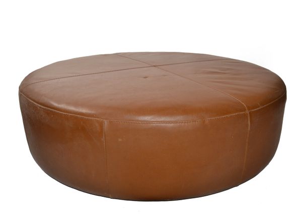 1980 Round Oversized Faux Brown Faux Leather Ottoman Footstool Pouf Contemporary