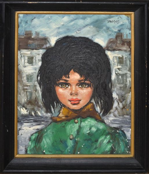 1960 Andre Daude Big Eyed French Girl Painting Oil Canvas Black Frame Green Coat