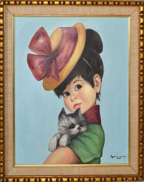 Regency Carved Gilt Framed Spanish Girl and Gray Cat Painting Acrylic on Canvas