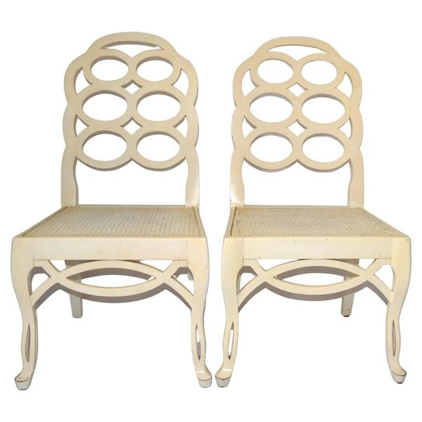 Pair of Frances Elkins Wood Cane Seat Loop Backrest Beige Side Chairs Regency