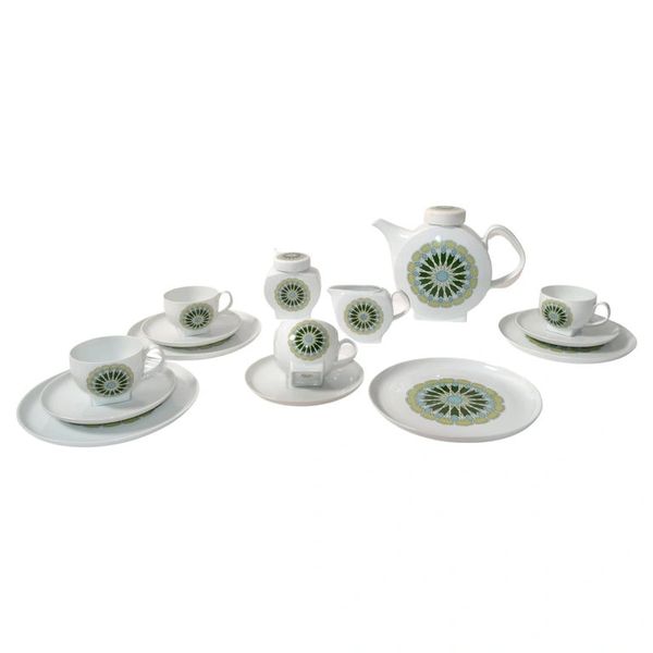 Vintage Melitta Minden Porcelain Tee Service Green White Motif 4 Place Setting