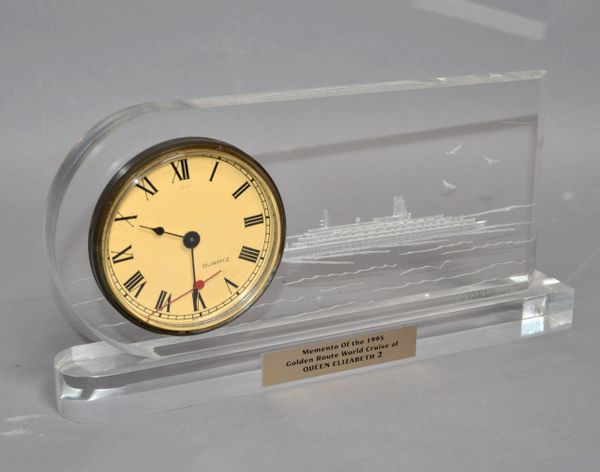 Michael F. Cox Reverse Carved Lucite Desk Clock Queen Elizabeth 2 Cruise Ship 95