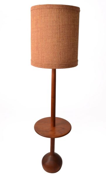 Nessen Lighting Style Turned Walnut Floor Lamp Mid-Century Modern Fabric Shade