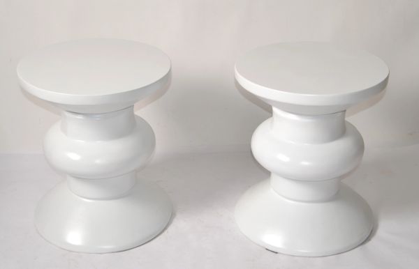 2 John Dickinson Attributed Mid-Century Modern White Round Plaster Side Tables