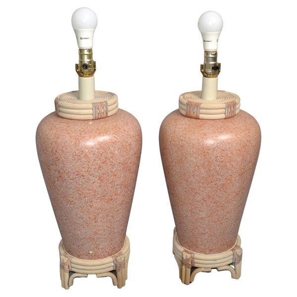 Pair Pink Terrazzo Style Ceramic Table Lamps Bamboo Leather Asian Chinoiserie