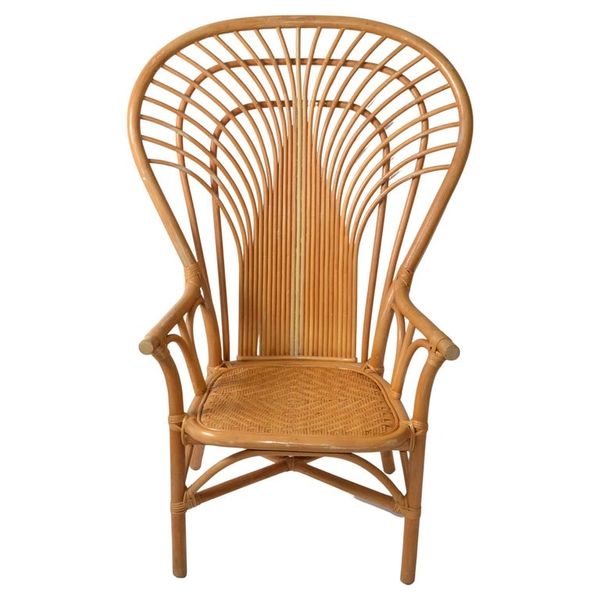 Bohemian Vintage Handcrafted Beige Bamboo Split Reed Caning Rattan Peacock Chair