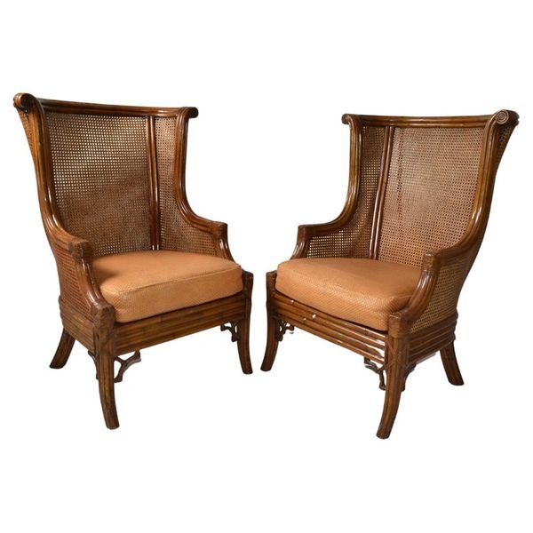 Pair 1970s Lane Venture Carved Faux Bamboo Hand Woven Caning Wingback Chairs USA