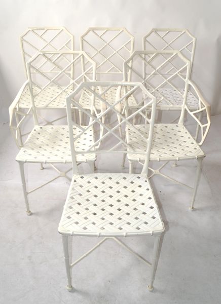 Set 6 Hall Bradley Calcutta Outdoor White Distressed Finish Dining Chairs 1960 USA
