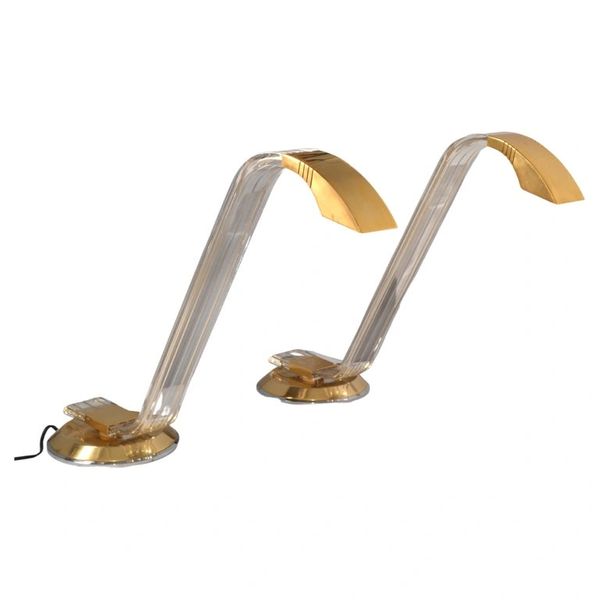 Pair Italian Arredoluce Style Mid-Century Modern Swing Brass Lucite Table Lamps