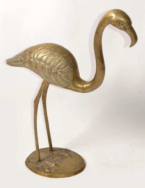 Solid Brass Carved Flamingo Life-Size Animal Sculpture Outdoor Indoor Asian 1960