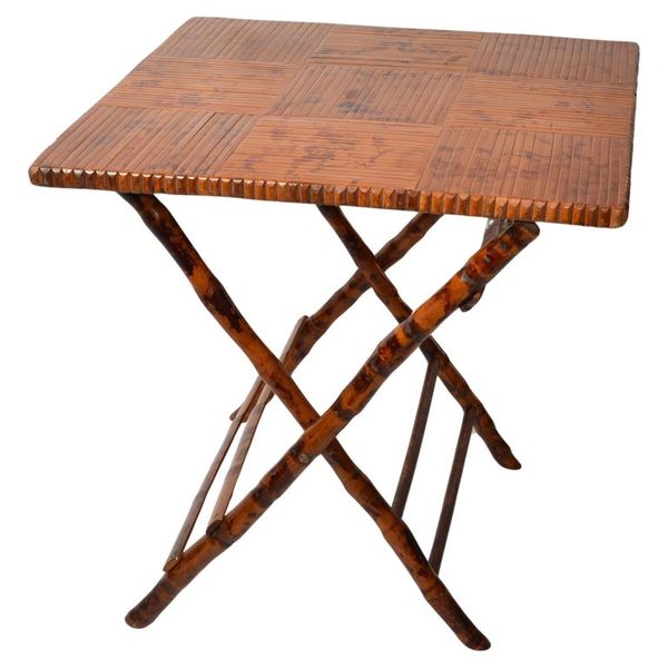Vintage Handcrafted Square Tiger Bamboo Bistro Folding Game Center Table X-Base