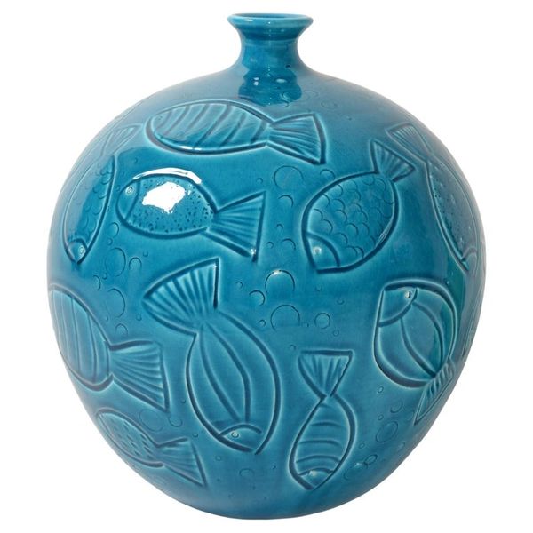 Azur Blue Italy Round Fish Vase Ceramiche Tadinate Handmade Pottery Coastal