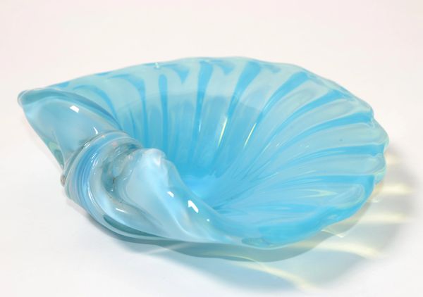 1970s Italian Blown Murano Style Glass Blue Goldenrod Clam Shell Shaped Catchall Bowl