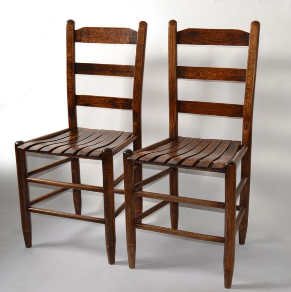 Pair Mid-20th Century Handmade Solid Oak Ladder Back Side Bistro Dining Chairs