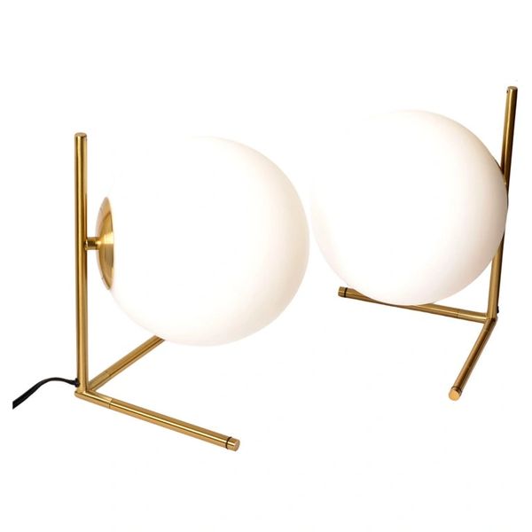 Set 2 Brass Sphere Frosted Globe Glass Table Lamps or Desk Lamps Stilnovo Style
