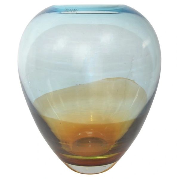 Sasaki Sengai Japan Signed Amber Gold Baby Blue Glass Vase Mid-Century Modern