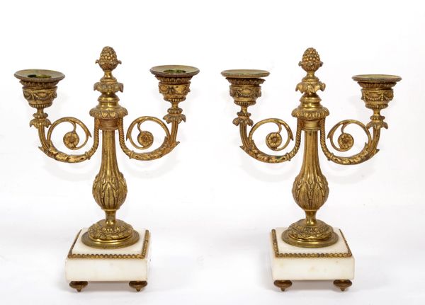 Pair Napoleon III French Ornate Gilt Bronze Marble Candelabras Candleholders
