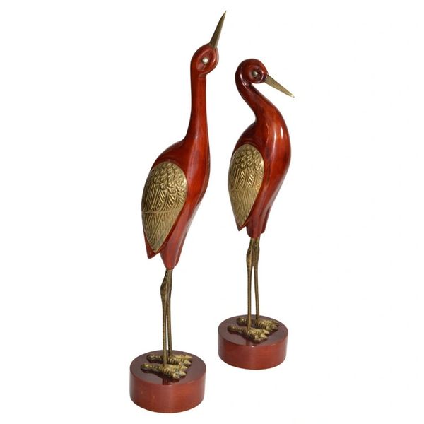 Set of 2 Asian Modern Stylized Brass Wood Handmade Crane Sculptures Round Base