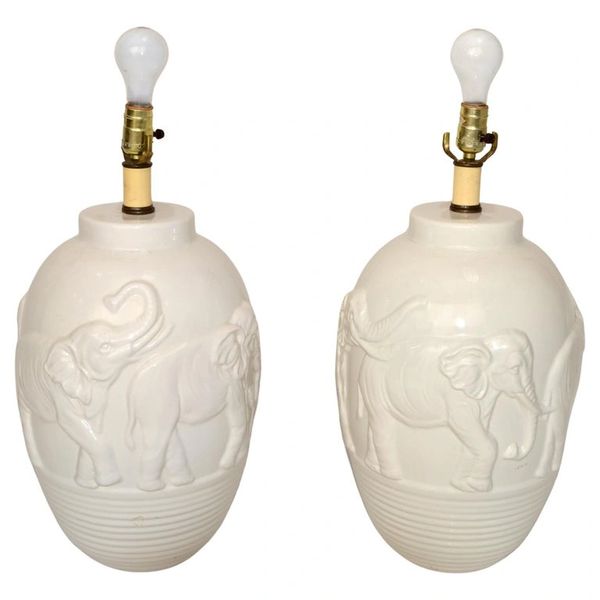 Pair of 1970s Chinoiserie White Glazed Ceramic Elephant Table Lamps Asian Animal Motives