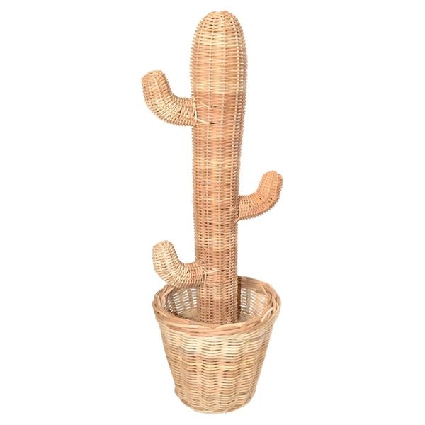 Mario Lopez Torres Style Hand-Woven Rattan Cactus Pot Sculpture 1970 Bohemian